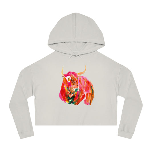 Womens Oversized Cropped Hooded Sweatshirt - Hand Painted Pop Color Bull Horns Sweatshirt by Madness and Clarity