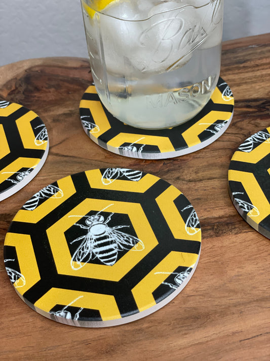 Deseret Honeybee Coasters - Set of 4 Round Ceramic Coasters with Hexagon Pattern