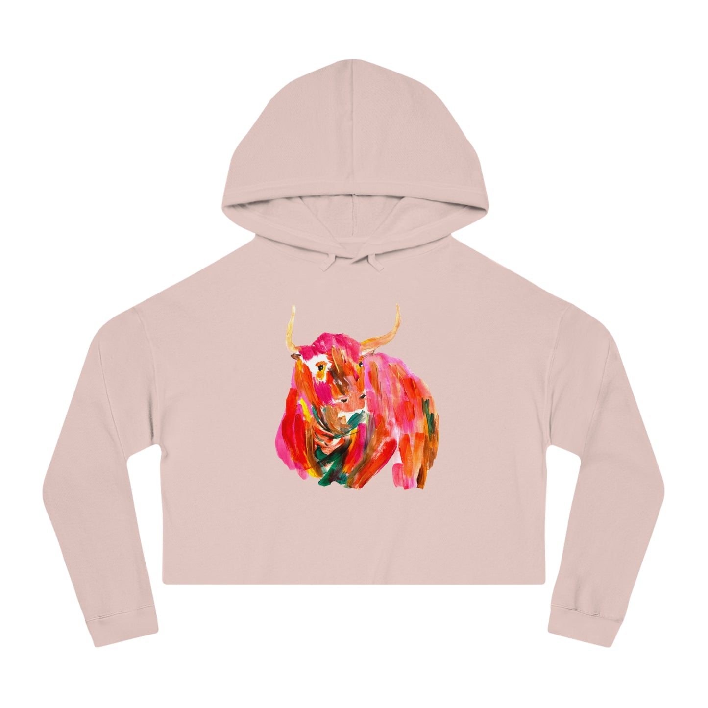Womens Oversized Cropped Hooded Sweatshirt - Hand Painted Pop Color Bull Horns Sweatshirt by Madness and Clarity