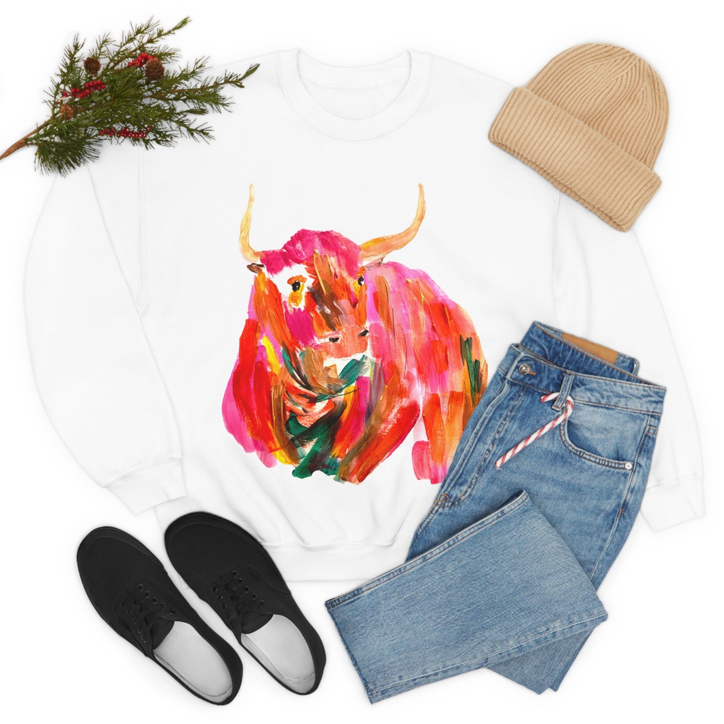 Sweatshirt - Hand Painted Red Desert Bull with Pop Color by Madness and Clarity