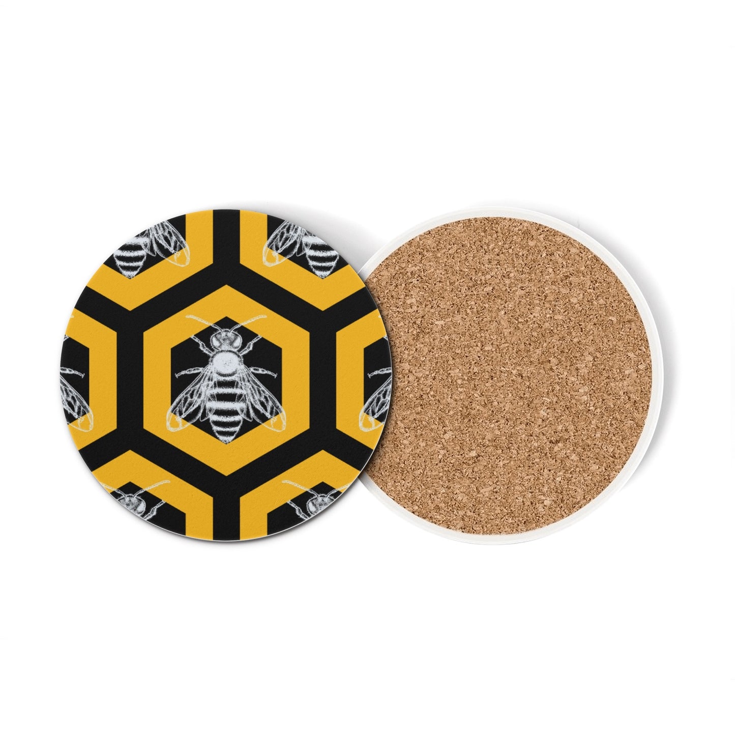 Deseret Honeybee Coasters - Set of 4 Round Ceramic Coasters with Hexagon Pattern