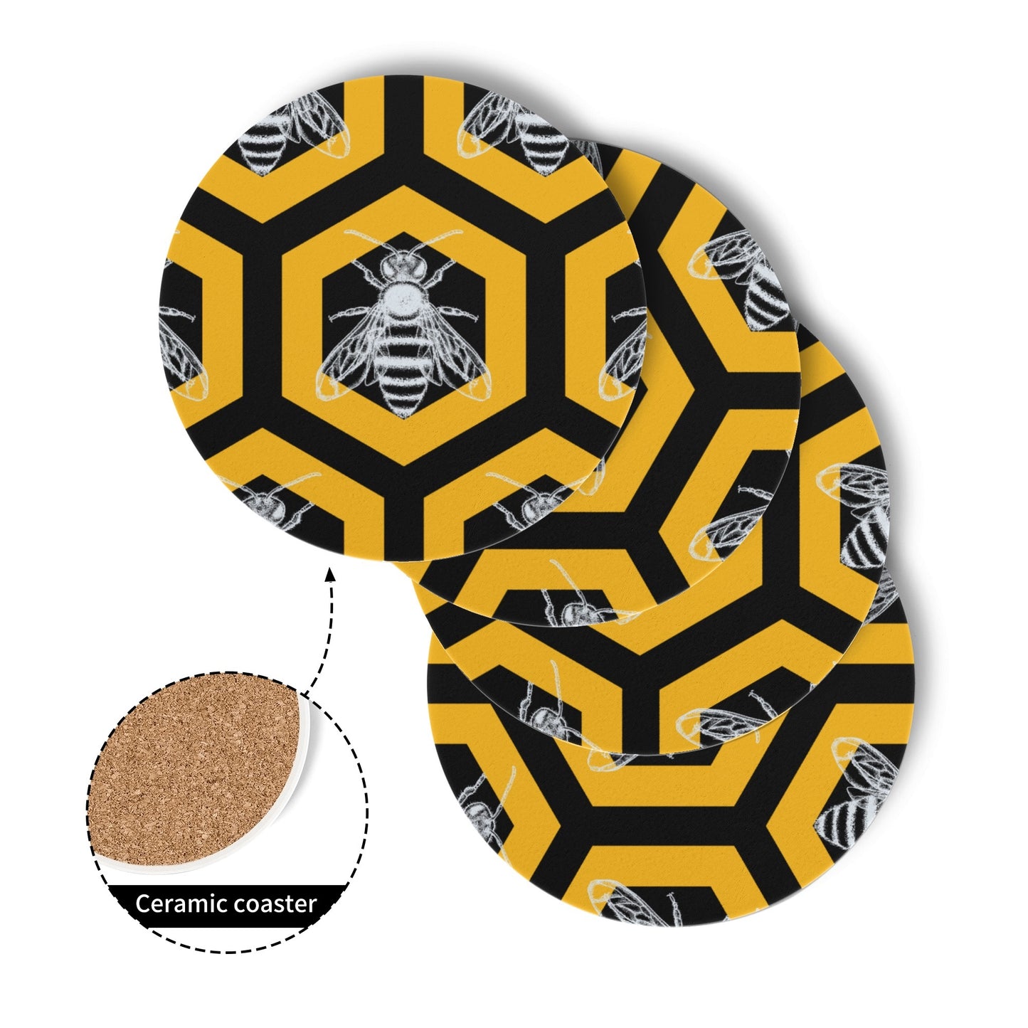 Deseret Honeybee Coasters - Set of 4 Round Ceramic Coasters with Hexagon Pattern