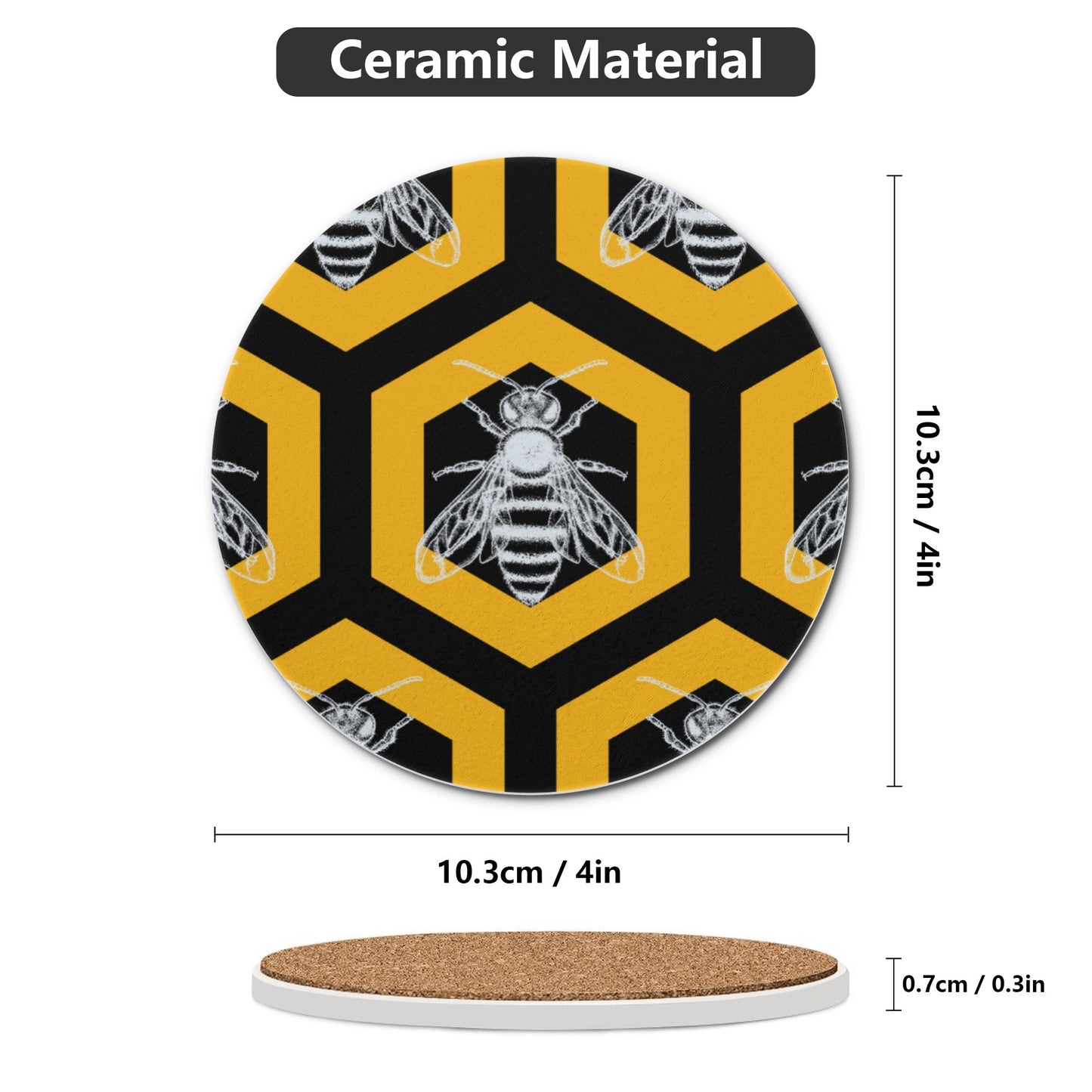 Deseret Honeybee Coasters - Set of 4 Round Ceramic Coasters with Hexagon Pattern