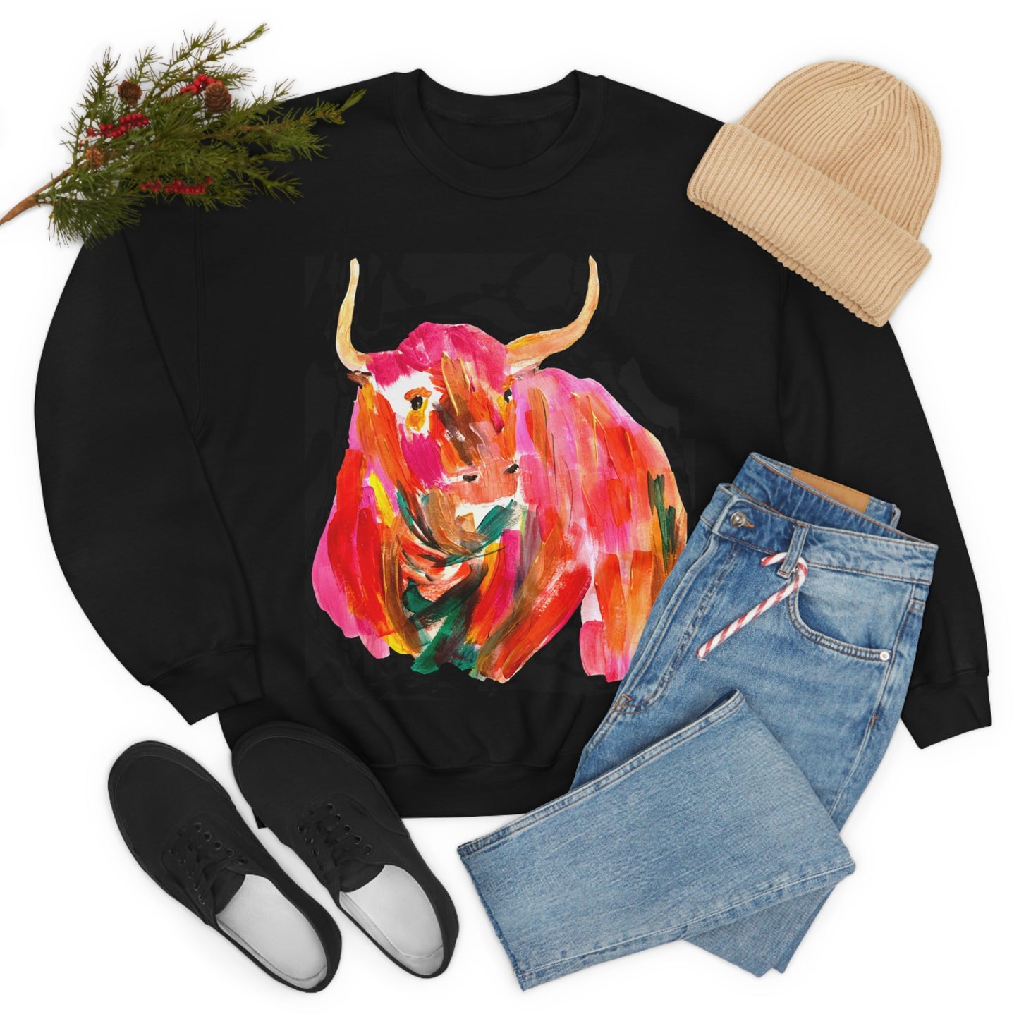 Sweatshirt - Hand Painted Red Desert Bull with Pop Color by Madness and Clarity