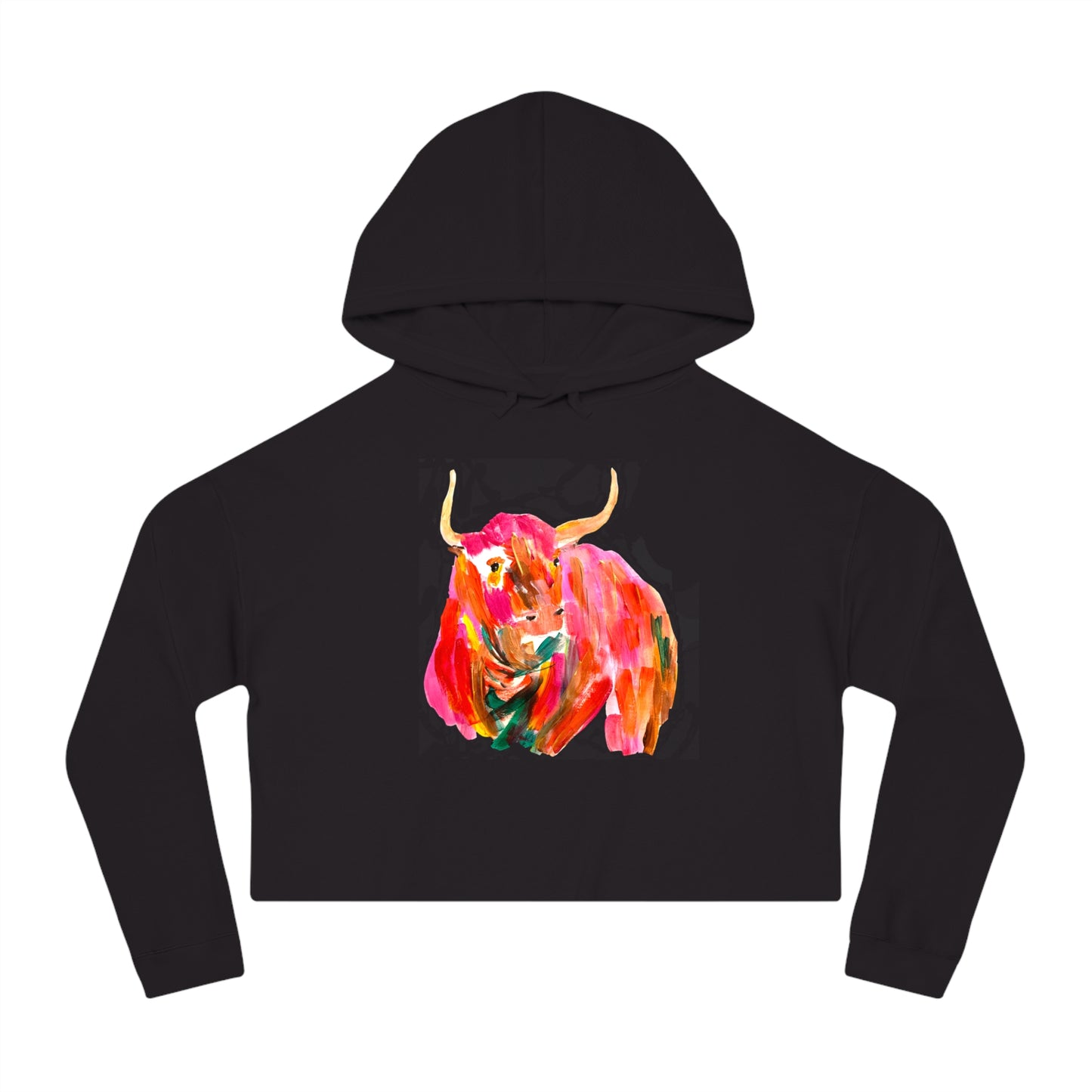 Womens Oversized Cropped Hooded Sweatshirt - Hand Painted Pop Color Bull Horns Sweatshirt by Madness and Clarity