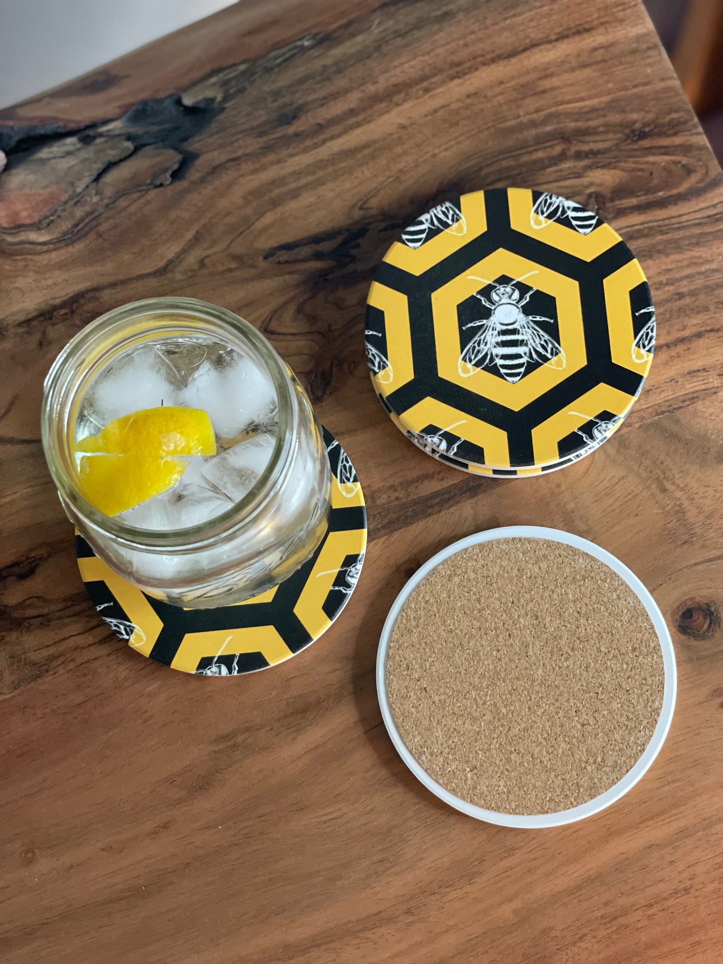 Deseret Honeybee Coasters - Set of 4 Round Ceramic Coasters with Hexagon Pattern