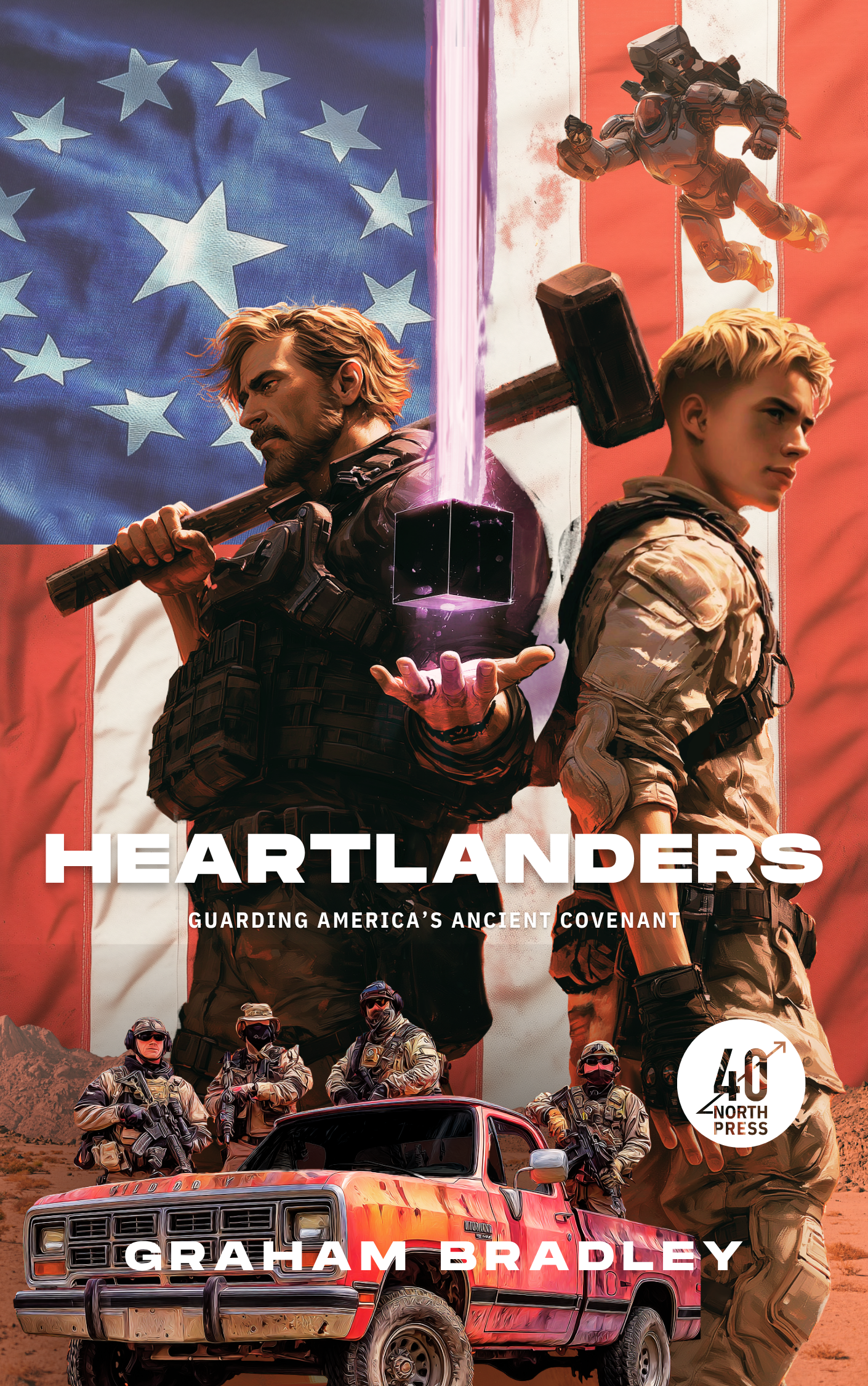 Book cover of 'Heartlanders' with two characters holding a weapon against an American flag background.