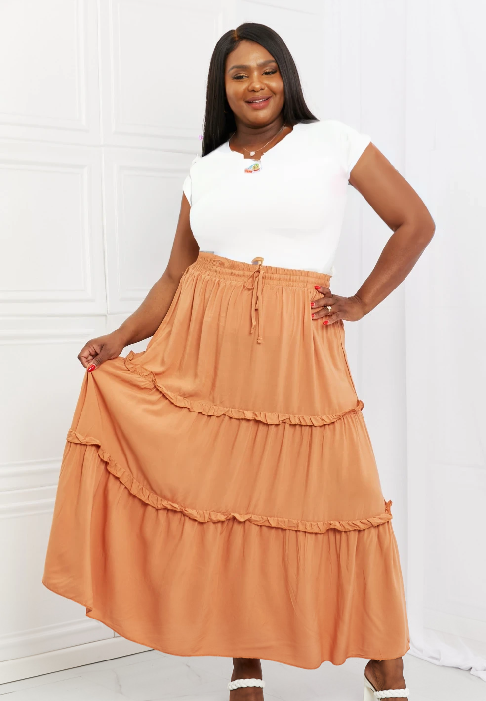 modest LDS missionary skirt orange Boho ruffled maxi skirt