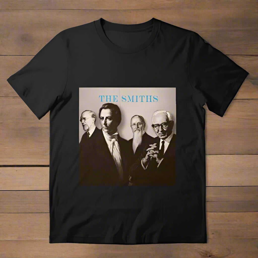 Black t-shirt with 'The Smiths' band members graphic on a white background