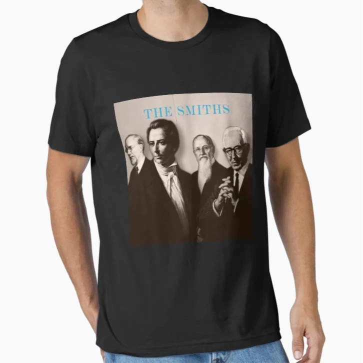 Man wearing a black t-shirt with 'The Smiths' prophets of the Church of Jesus Christ of Latter-day Saints as a band graphic