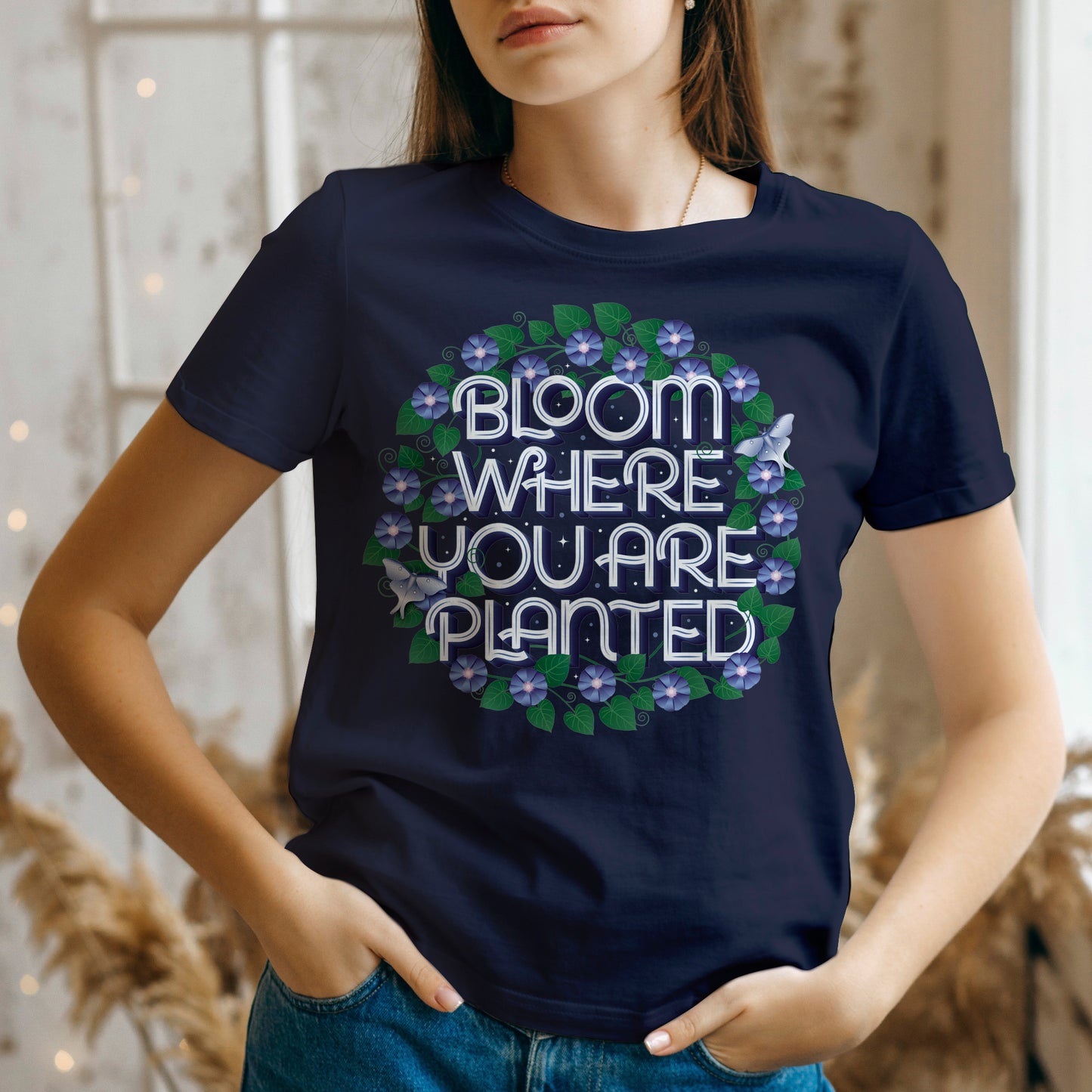 Floral Shirt With Luna Moth and Purple Morning Glories
