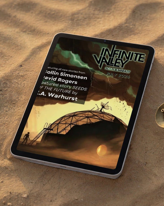 A tablet lying on sandy ground displays the cover art for 'Infinite Valley issue 5' with stories by Collin Simonnsen, David Rogers, and K.A. Warhurst.