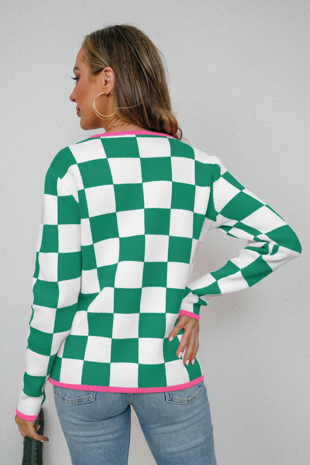 Checkered Retro Style Round Neck Sweater