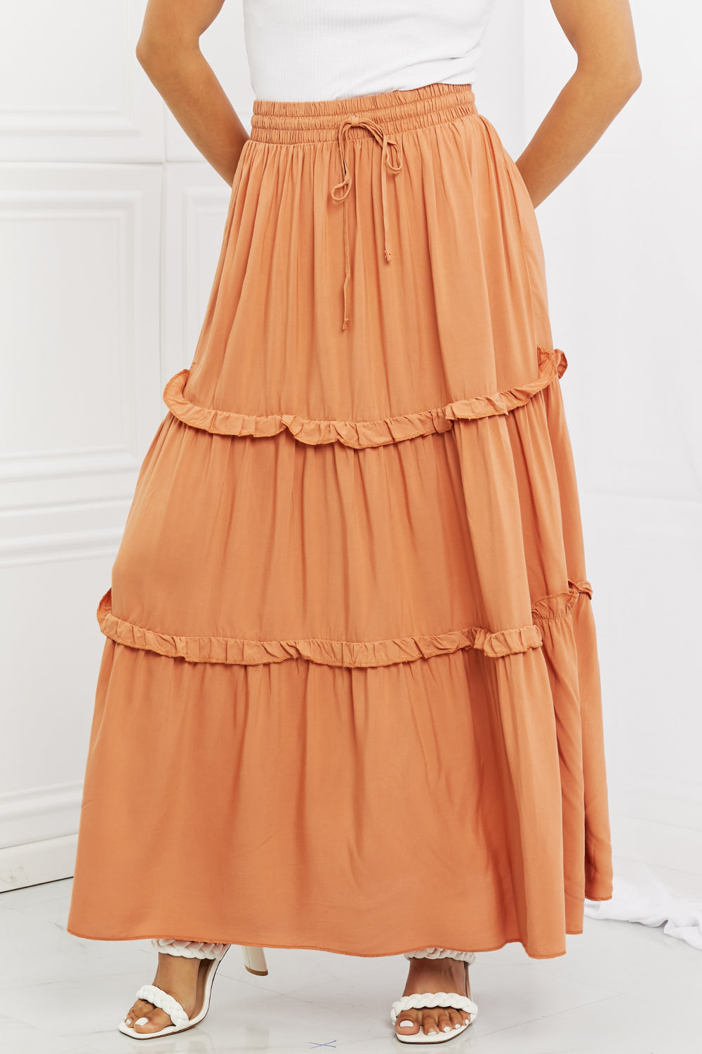 Full Length Ruffled Maxi Skirt in Butter Orange