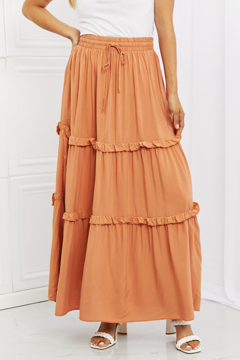 Full Length Ruffled Maxi Skirt in Butter Orange