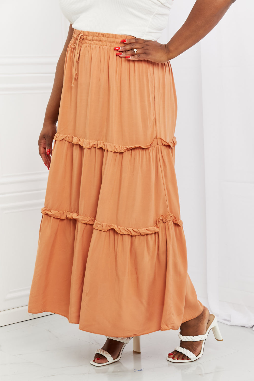 orange skirt - side view modest LDS missionary skirt Boho ruffled maxi skirt