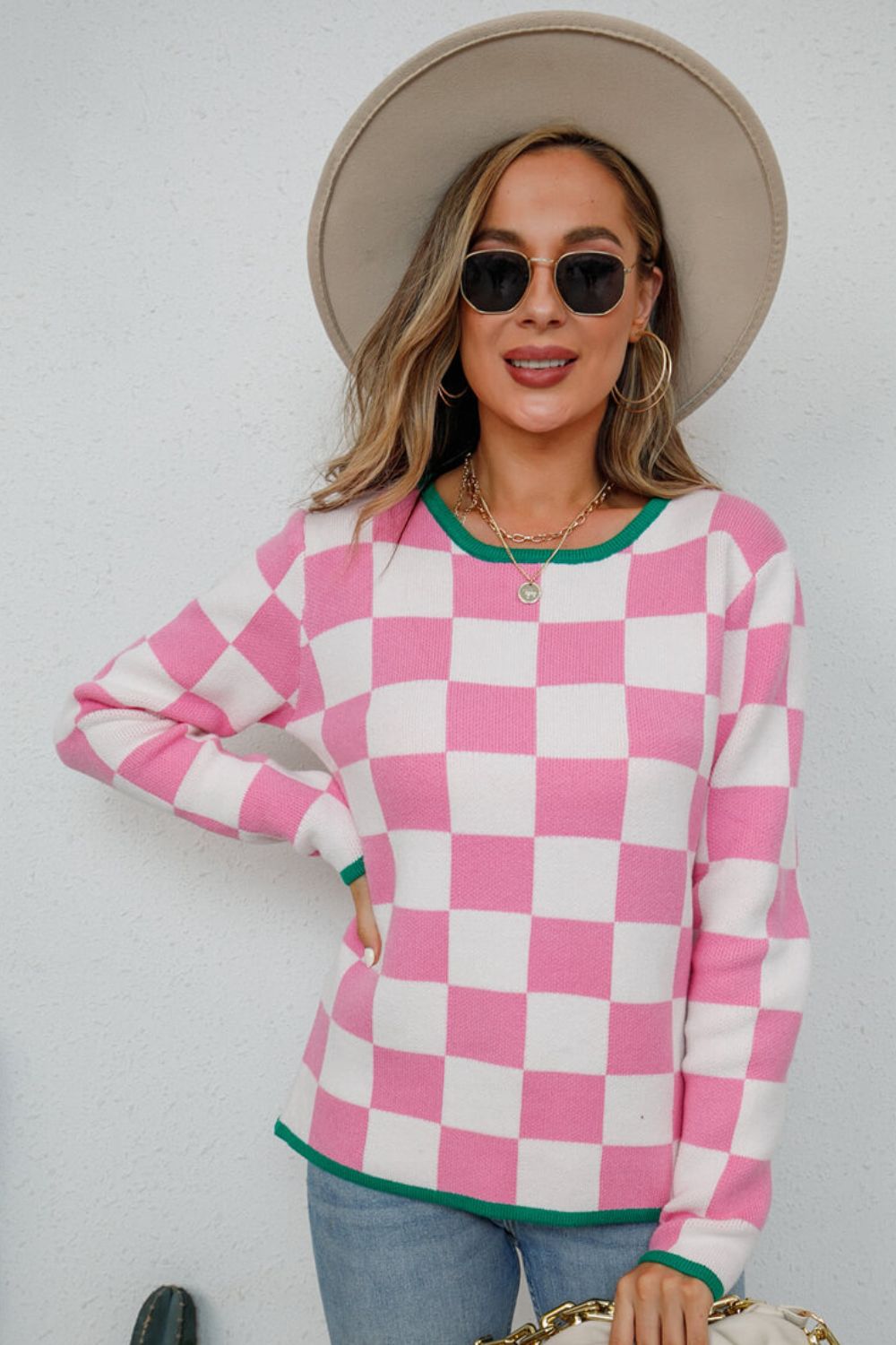 Checkered Retro Style Round Neck Sweater
