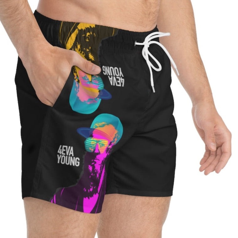 Man wearing black 4EVA YOUNG swim trunks with Brigham Young