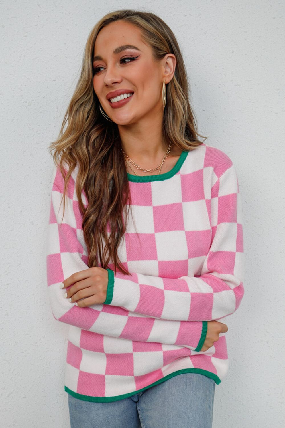 Checkered Retro Style Round Neck Sweater