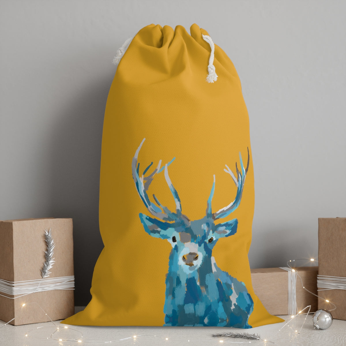 Large Canvas Toy Sack With Blue Deer Graphic