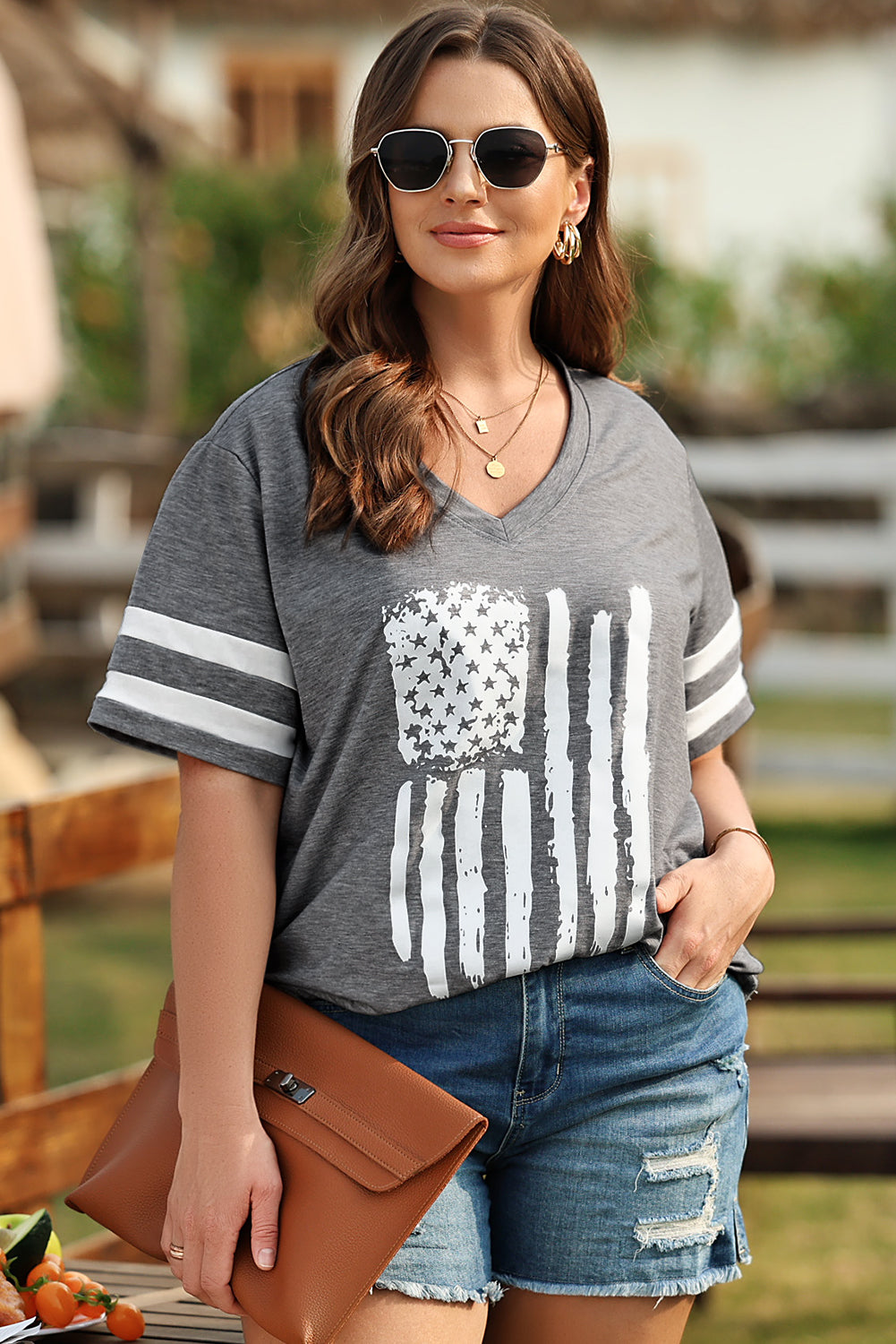 Women's Oversize US Flag Graphic V-Neck Tee