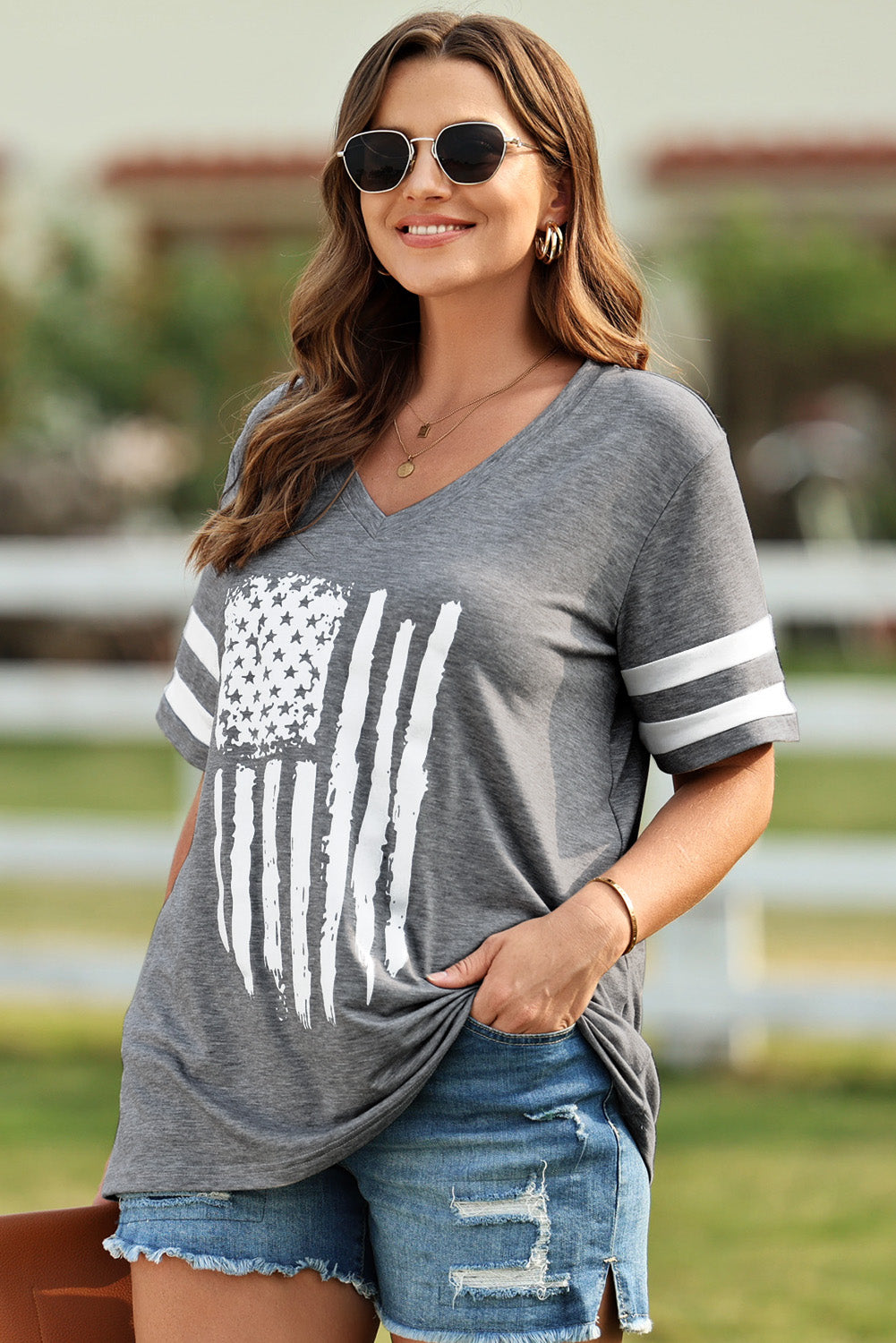 Women's Oversize US Flag Graphic V-Neck Tee