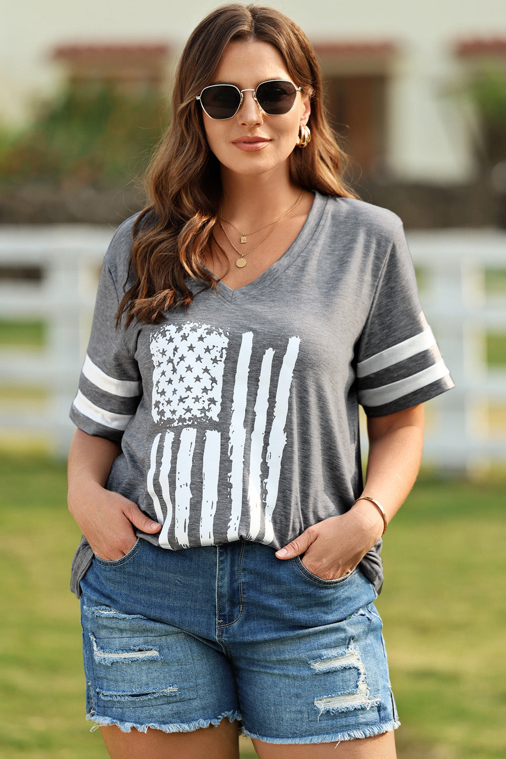 Women's Oversize US Flag Graphic V-Neck Tee