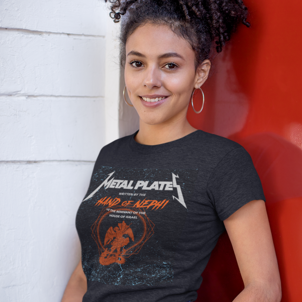 LDS Latino girl wearing a Metal Plates Book of Mormon shirt