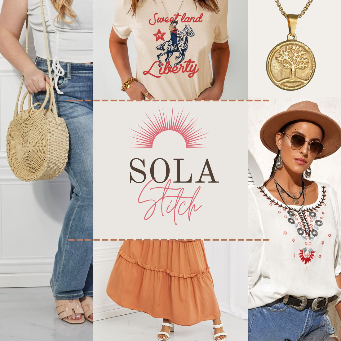 Sola Stitch logo collage with Bo ho looks, graphic tees, tunic tops and gold jewelry