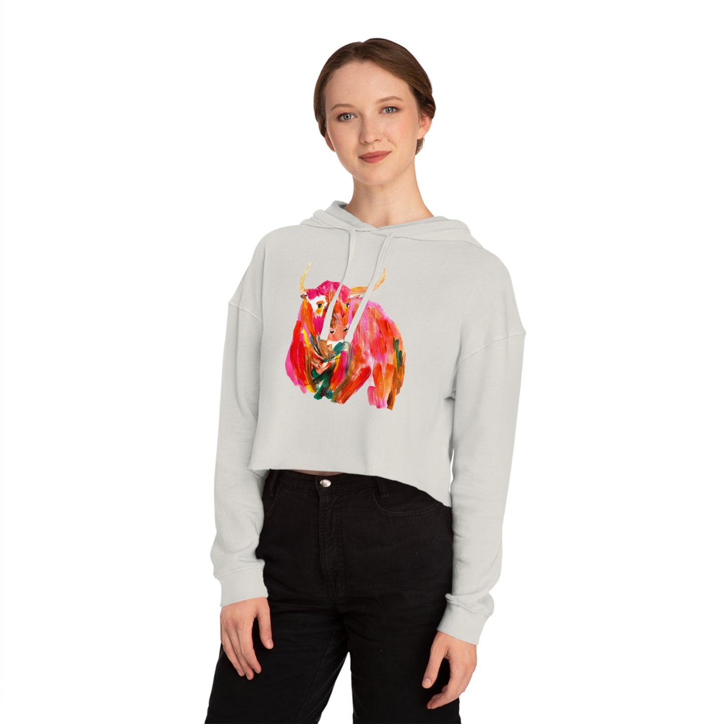 Womens Oversized Cropped Hooded Sweatshirt - Hand Painted Pop Color Bull Horns Sweatshirt by Madness and Clarity