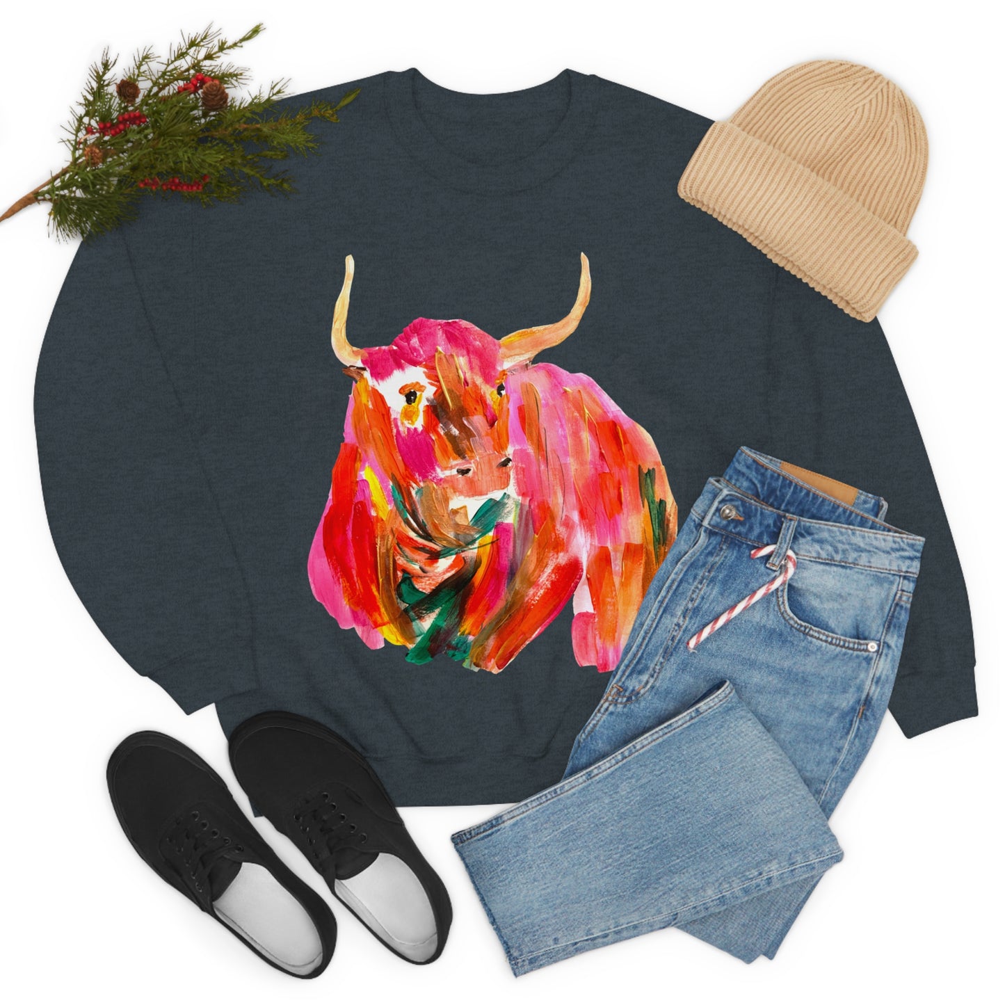 Sweatshirt - Hand Painted Red Desert Bull with Pop Color by Madness and Clarity