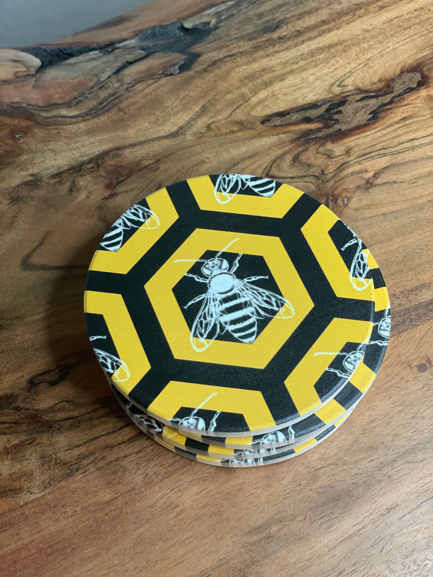 Deseret Honeybee Coasters - Set of 4 Round Ceramic Coasters with Hexagon Pattern