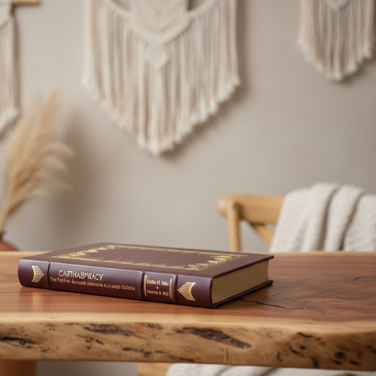 Book titled 'Carthage Conspiracy' with decorative cover on a bookshelf background