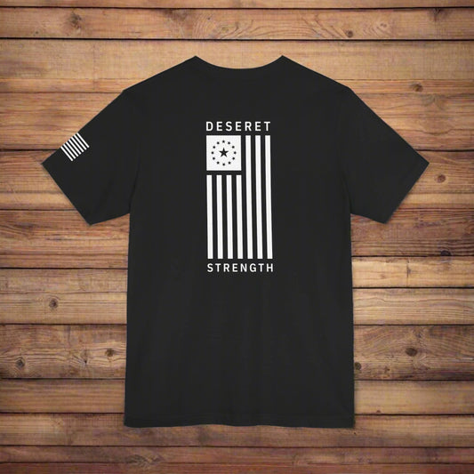 Black t-shirt with Deseret Flag and the phrase "Deseret Strength" on  the back