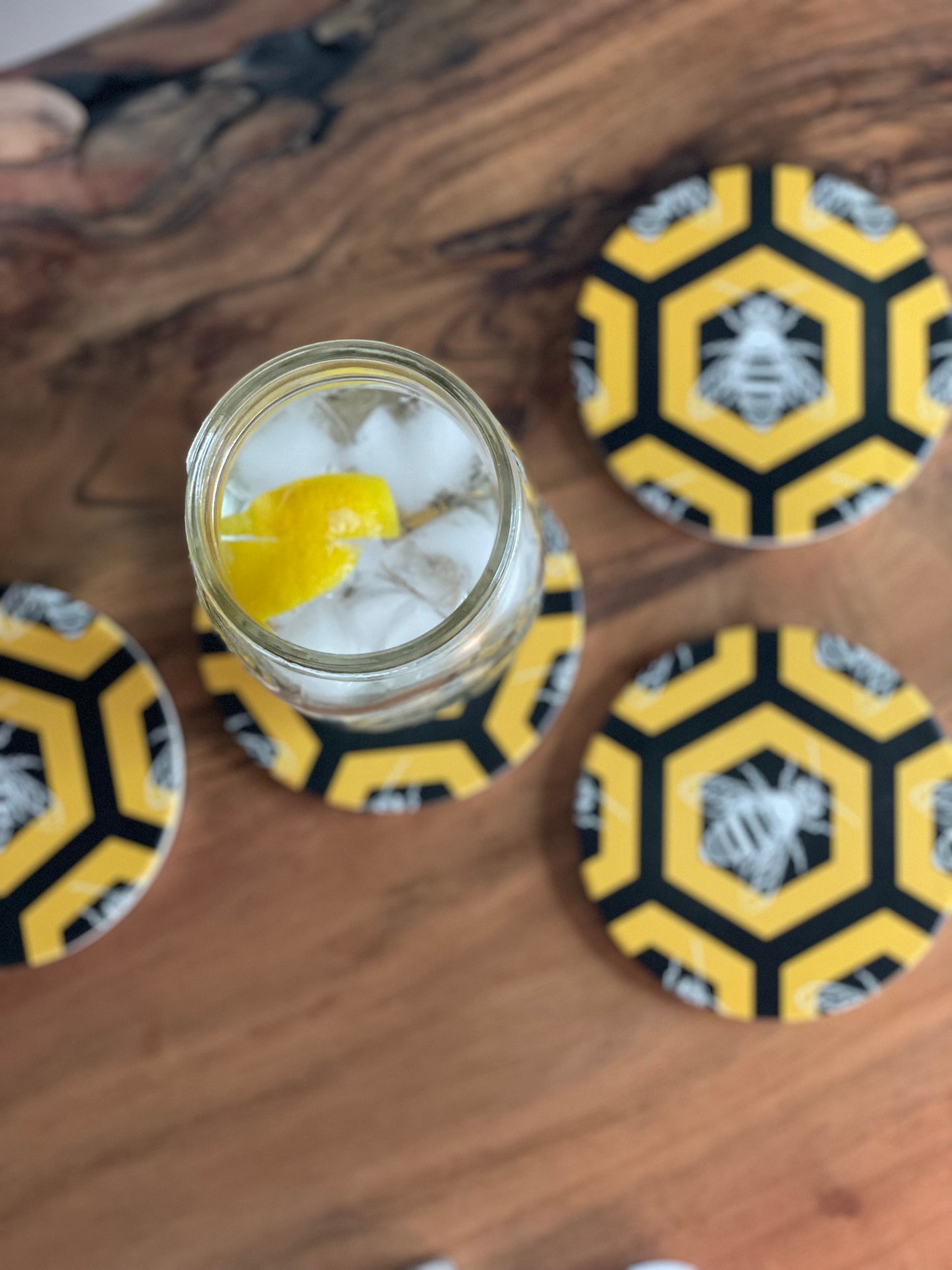 Deseret Honeybee Coasters - Set of 4 Round Ceramic Coasters with Hexagon Pattern