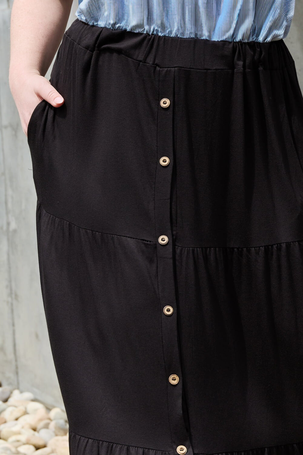Pocket detail of button front - Missionary modest maxi skirt from Nauvoo Supply Co