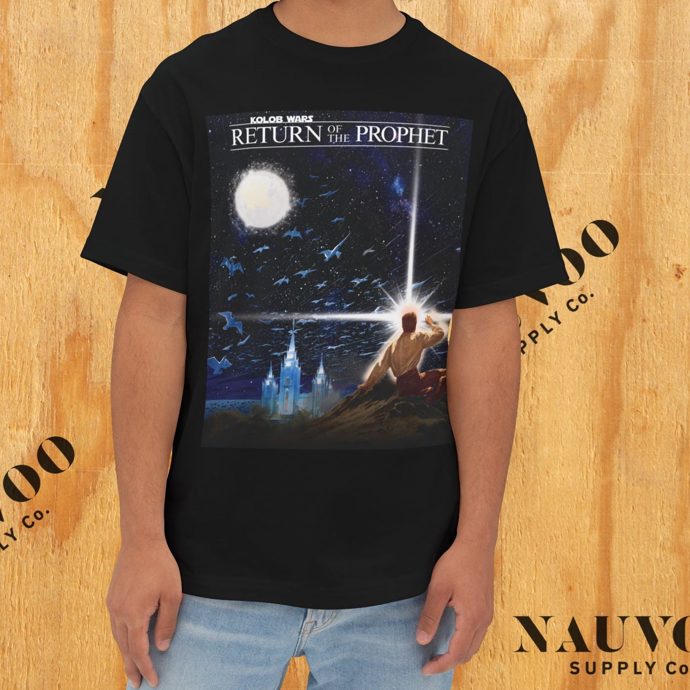 mockup of a KOLOB-WARS_Return of the Prophet t-shirt from Nauvoo Supply Co