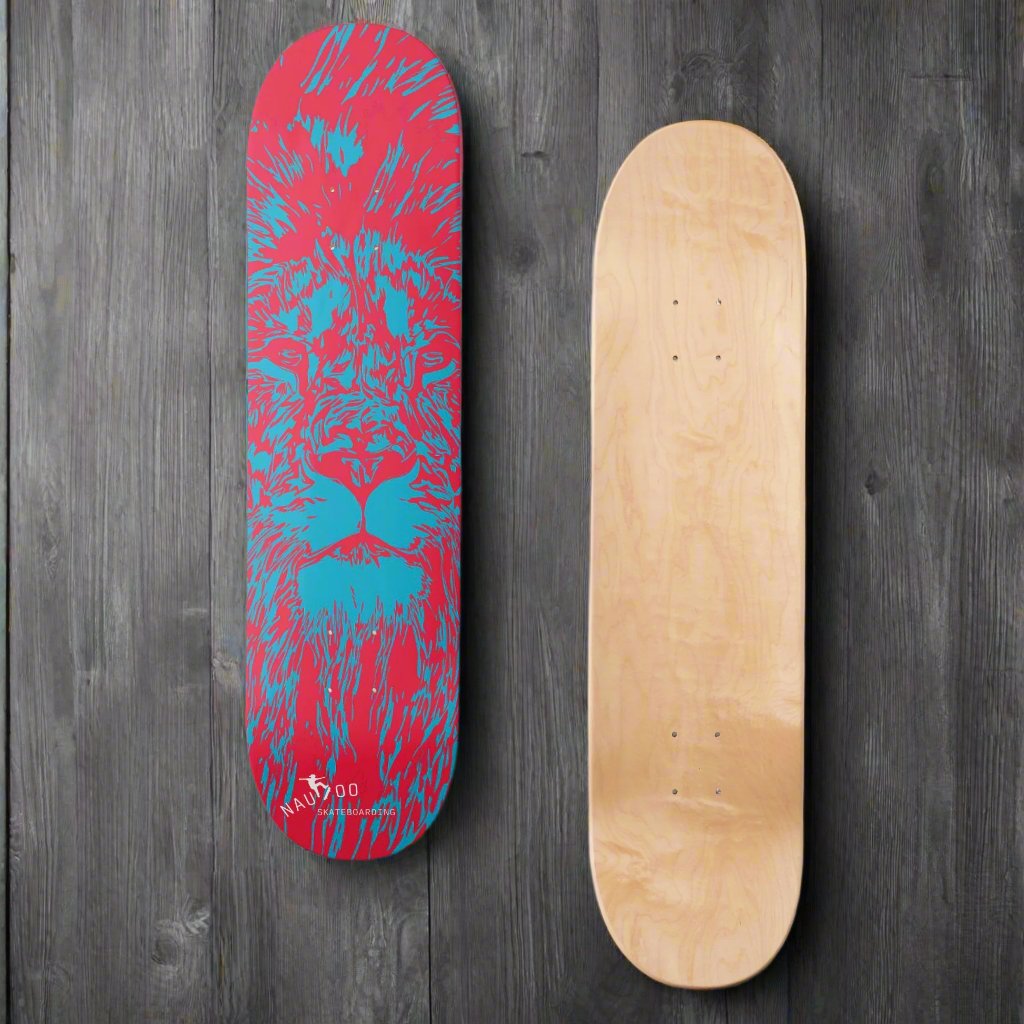 Nauvoo Skateboarding lion head deck, blue and red, maple