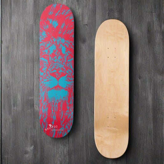 Nauvoo Skateboarding lion head deck, blue and red, maple