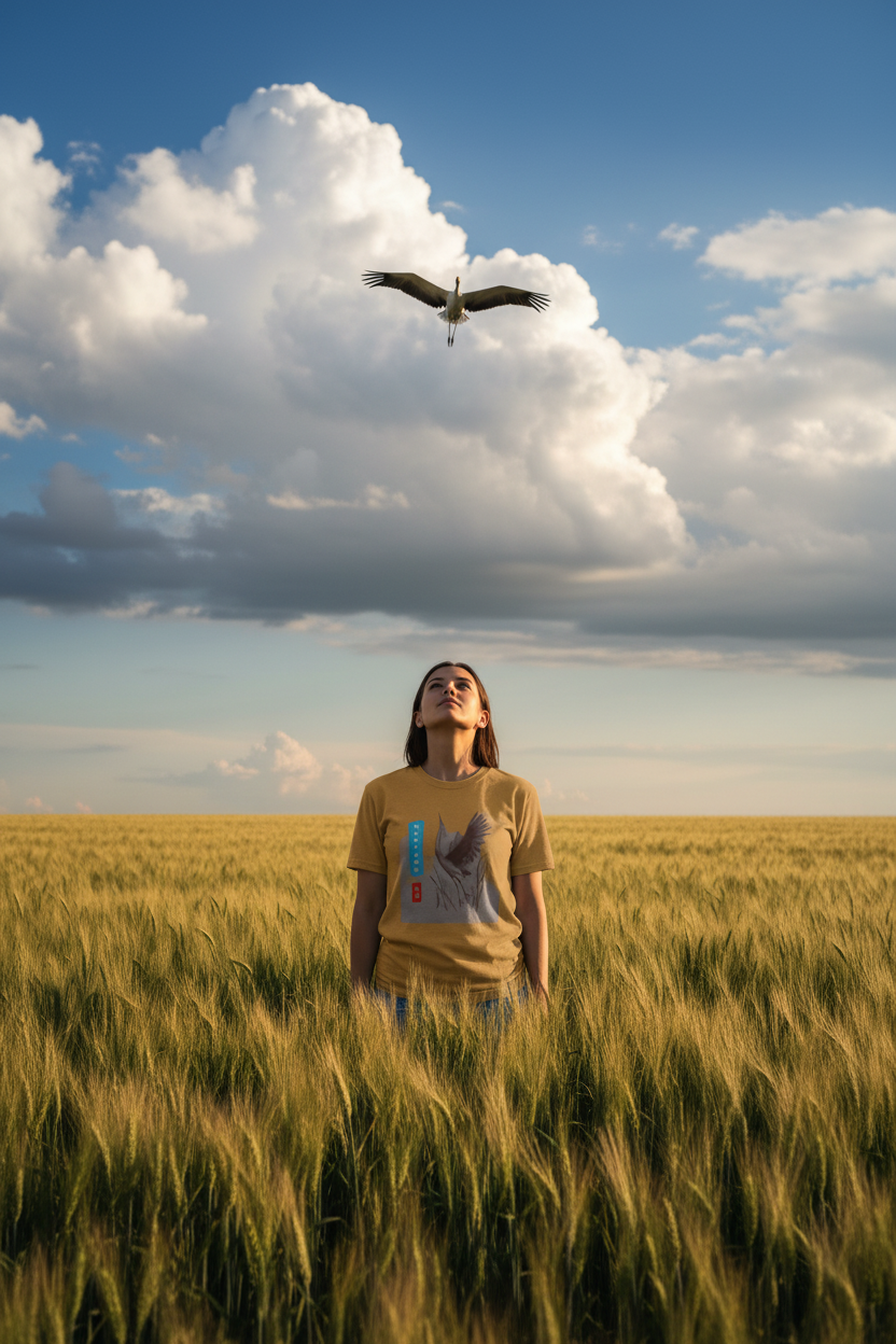 A woman stands in a golden wheat field looking upward toward a large white cloud and a bird in the blue sky. She is wearing a tan graphic T-shirt with a cat illustration and text on the front.