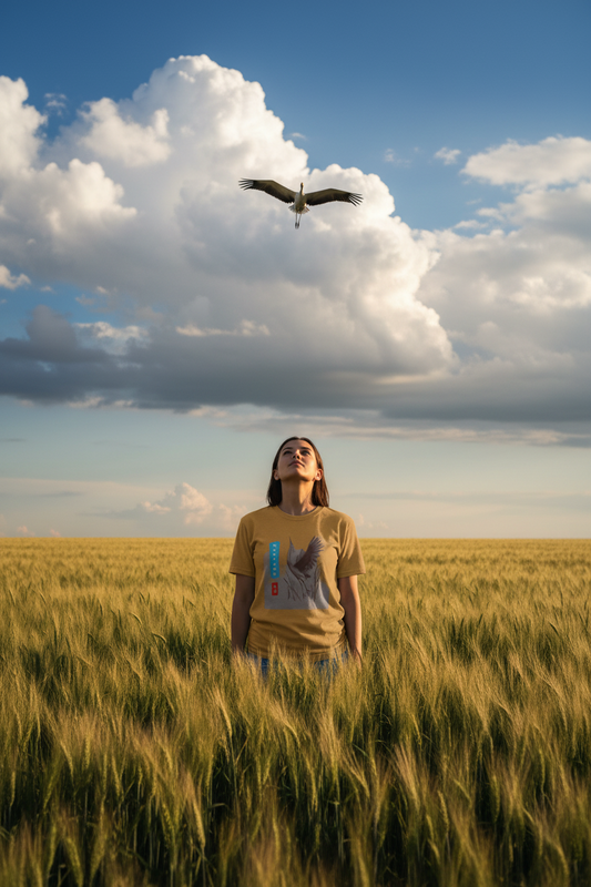 A woman stands in a golden wheat field looking upward toward a large white cloud and a bird in the blue sky. She is wearing a tan graphic T-shirt with a cat illustration and text on the front.