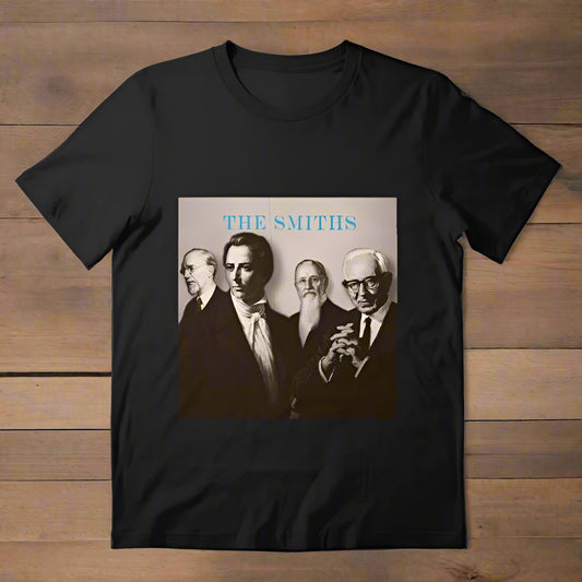 Black t-shirt with 'The Smiths' band members graphic on a white background