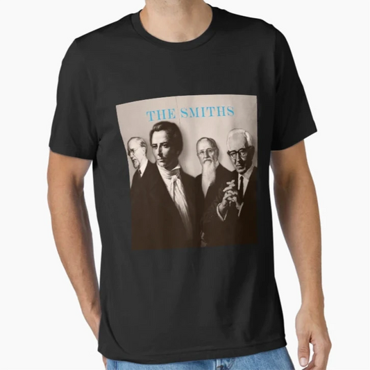 Man wearing a black t-shirt with 'The Smiths' prophets of the Church of Jesus Christ of Latter-day Saints as a band graphic