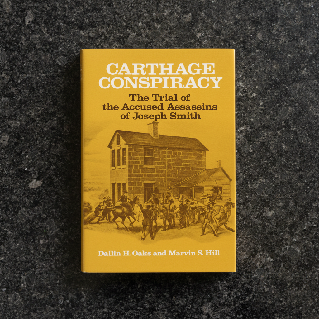 A hardcover book titled 'Carthage Conspiracy: The Trial of the Accused Assassins of Joseph Smith' with a yellow cover and sepia-toned historical illustration, photographed standing upright on a dark textured stone surface.