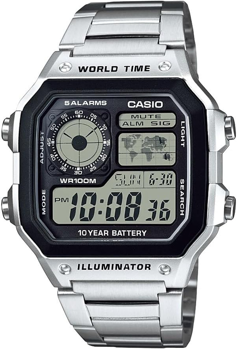 Casio AE1200WH Series | Men’S Digital Watch | 100M WR | Multi Alarms | 100 SEC Stopwatch | Countdown Timer | World Map for World Time | LED Light | LC Analog Display | 10 Year Battery