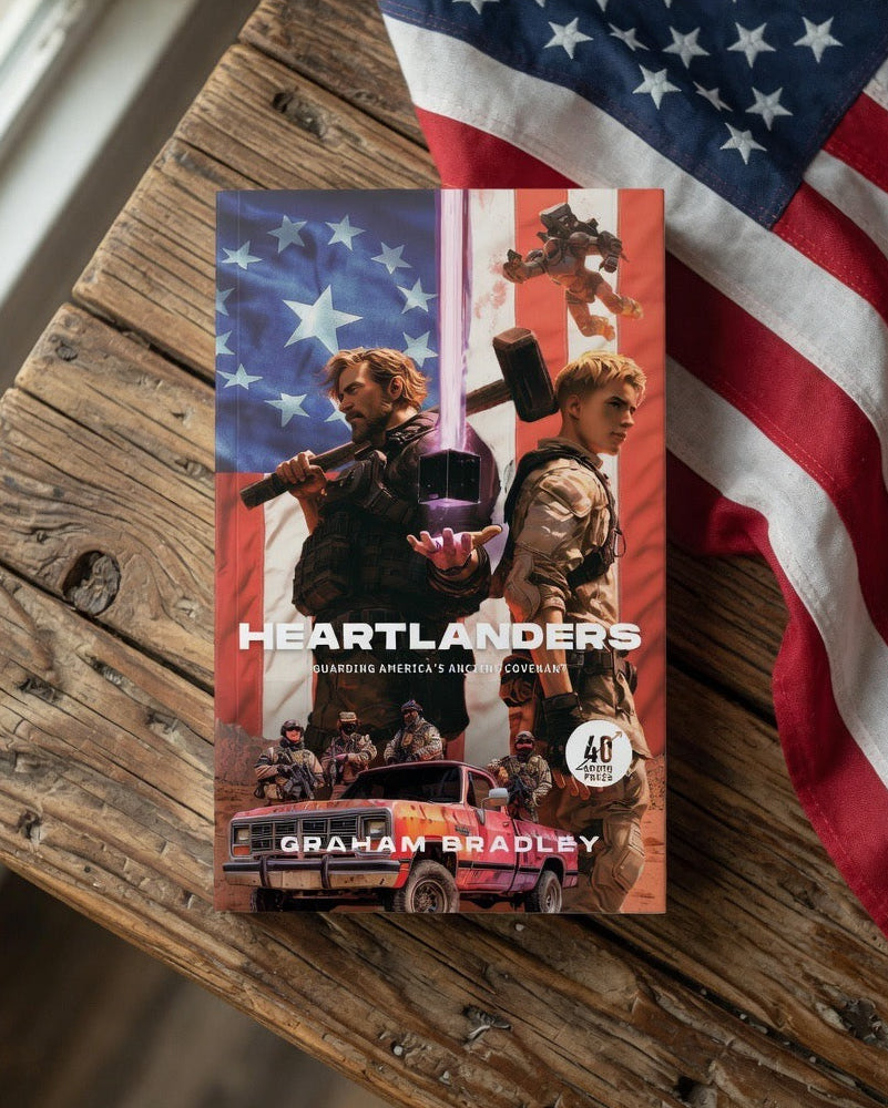 Book titled 'Heartlanders' by Graham Bradley with a graphic design on a wooden surface with an American flag in the background.
