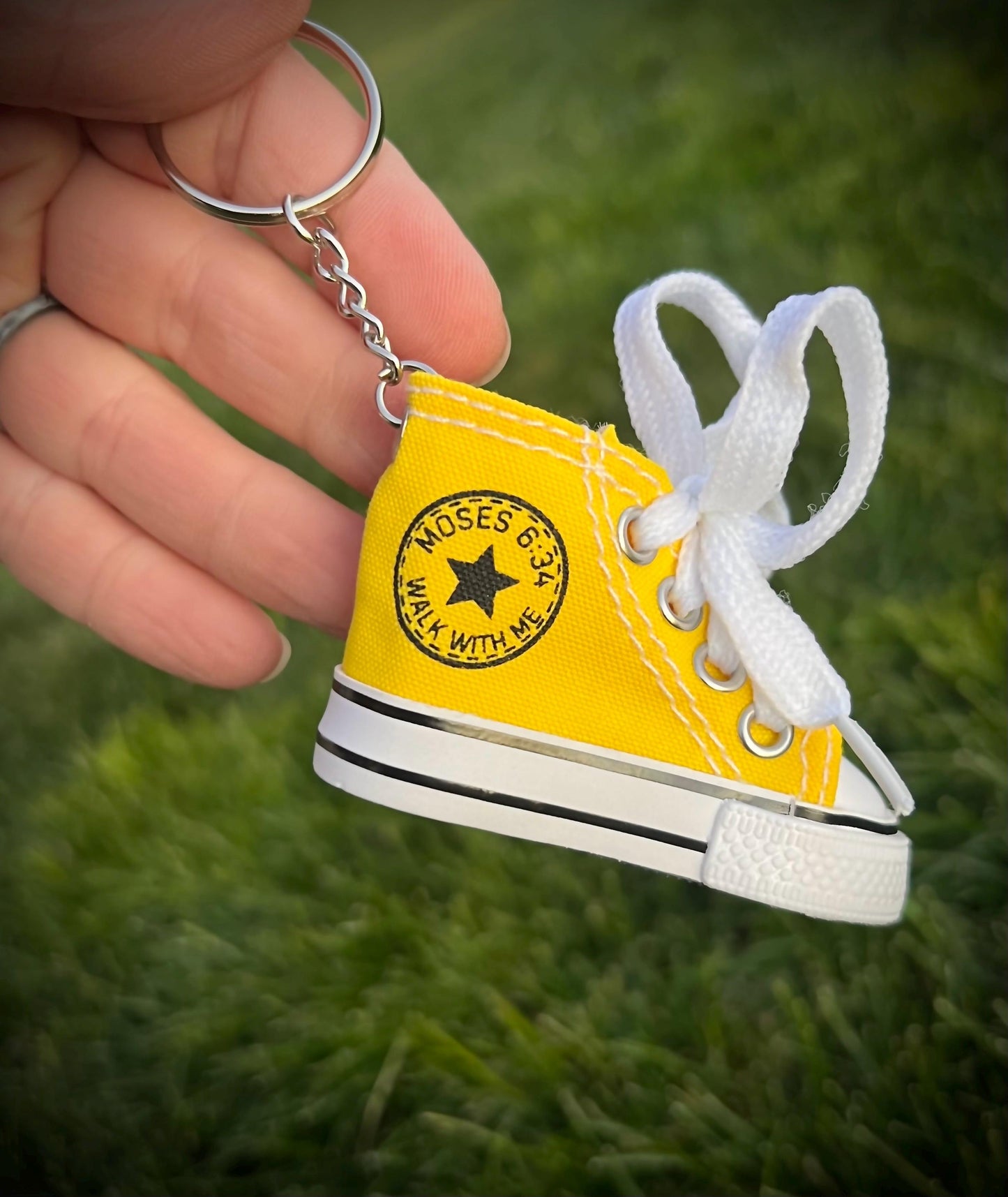 Walk With Me yellow sneaker keychain with Moses 6:34 stamping, 2026 LDS Youth Theme