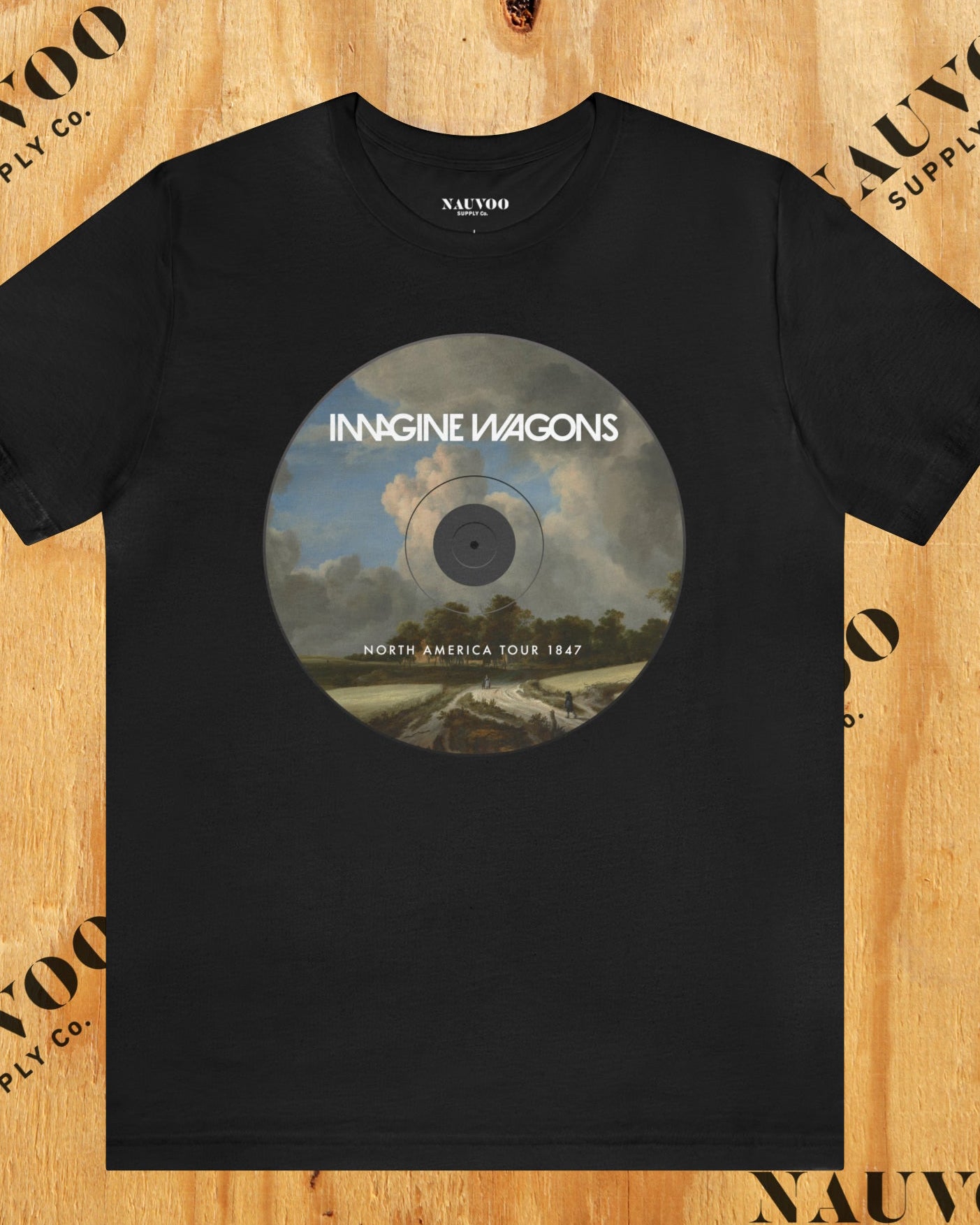 imagine wagons black t-shirt flat lay mock