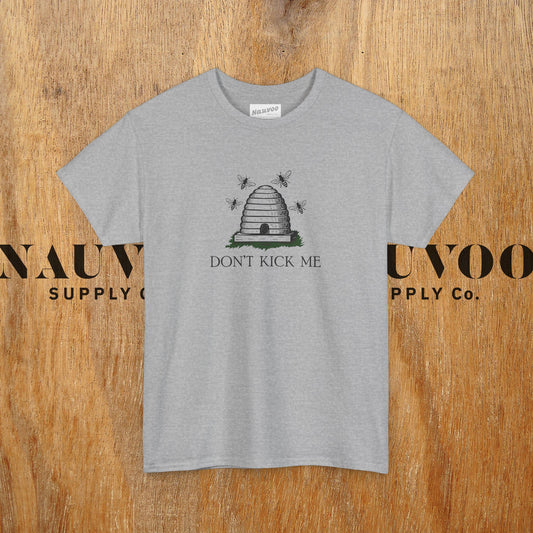 Don't Kick Me LDS beehive Gray t-shirt with a graphic design on a wooden surface. Mormon.