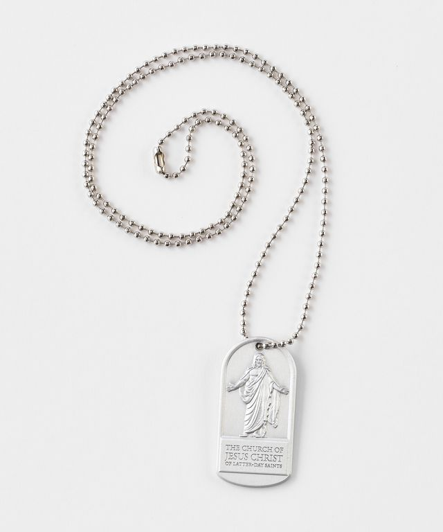 Latter-day Saint Identification Tag — front, Christus under arch on ball-bead chain